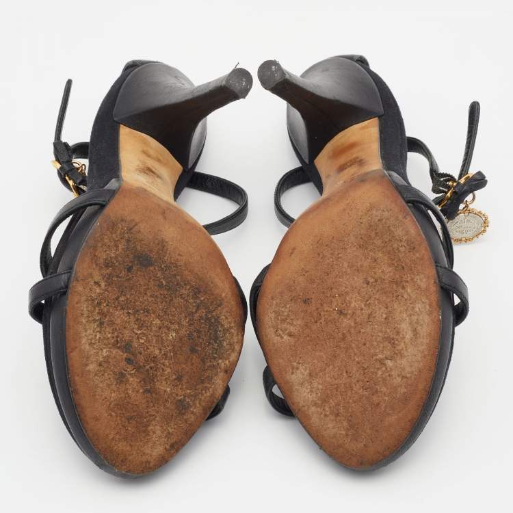Pre Owned Dolce and Gabbana Black Leather Heritage Coin Detail Ankle Strap Sandals Size 37