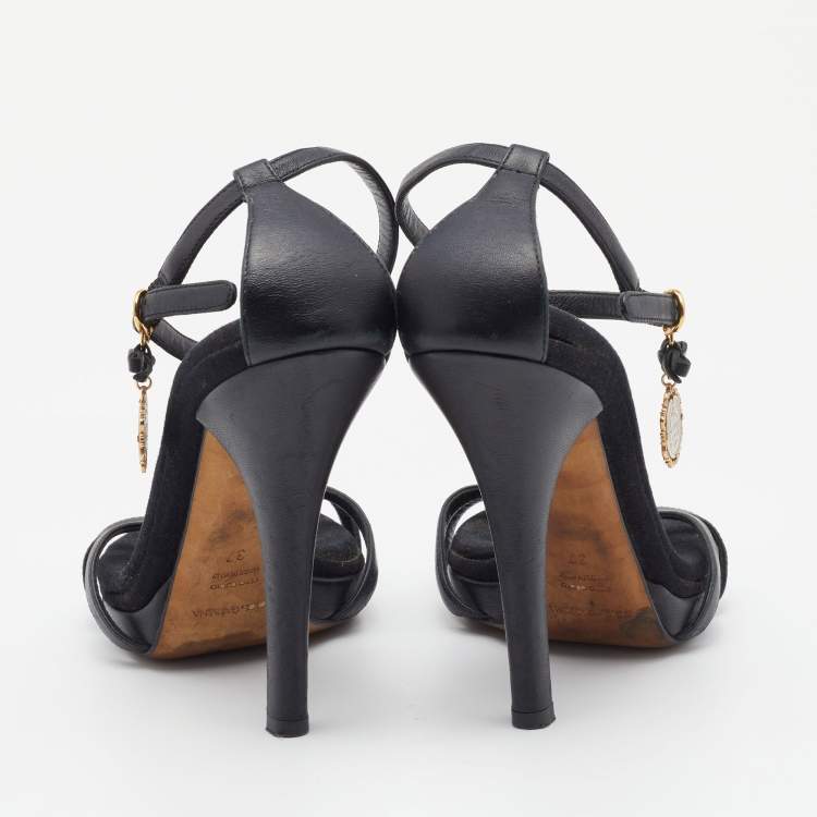 Pre Owned Dolce and Gabbana Black Leather Heritage Coin Detail Ankle Strap Sandals Size 37