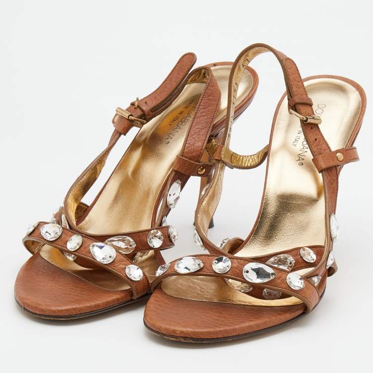 Pre Owned Dolce & Gabbana Brown Leather Embellished Slingback Sandals Size 37