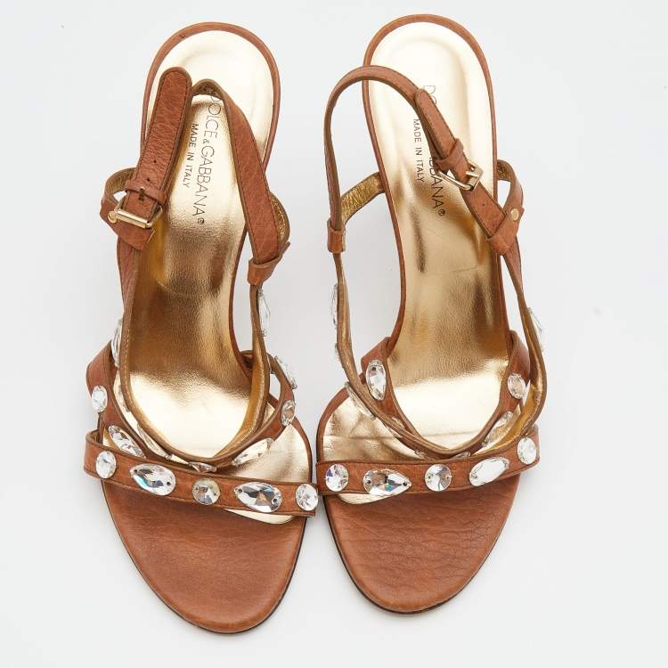 Pre Owned Dolce & Gabbana Brown Leather Embellished Slingback Sandals Size 37