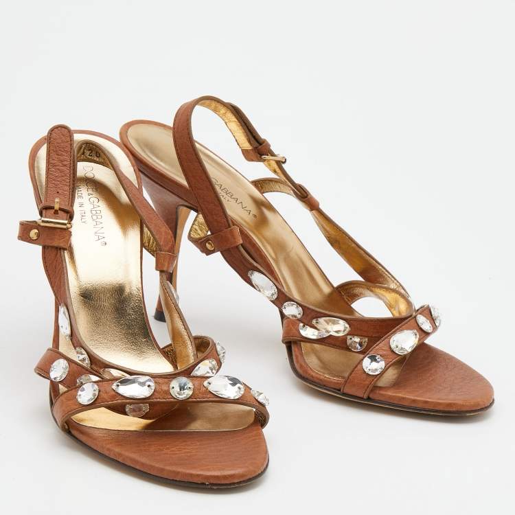 Pre Owned Dolce & Gabbana Brown Leather Embellished Slingback Sandals Size 37