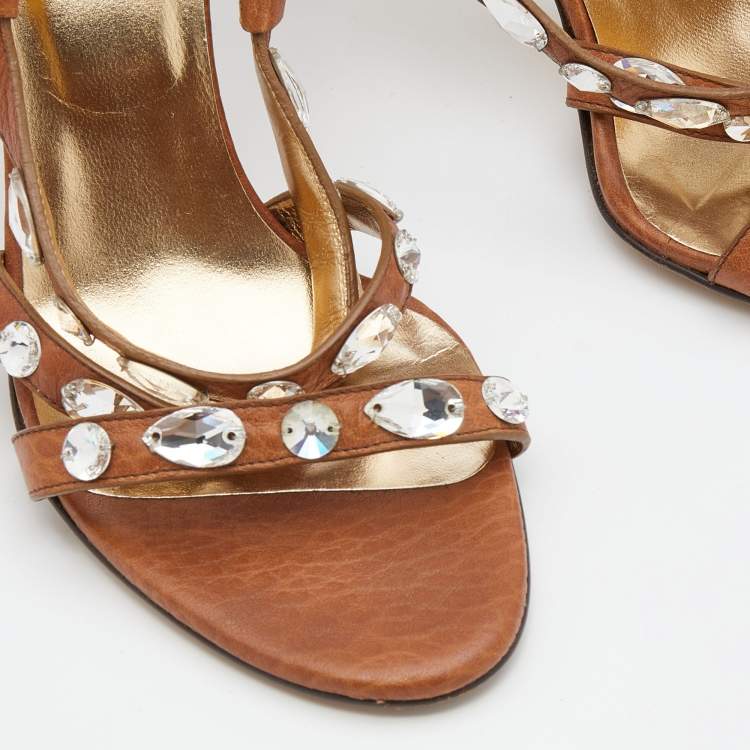 Pre Owned Dolce & Gabbana Brown Leather Embellished Slingback Sandals Size 37