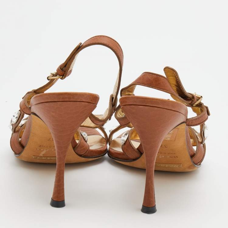 Pre Owned Dolce & Gabbana Brown Leather Embellished Slingback Sandals Size 37