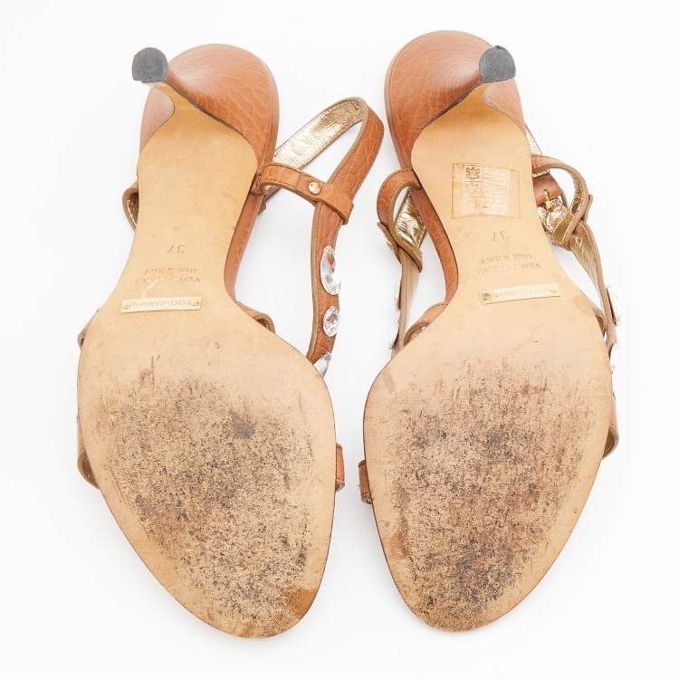 Pre Owned Dolce & Gabbana Brown Leather Embellished Slingback Sandals Size 37
