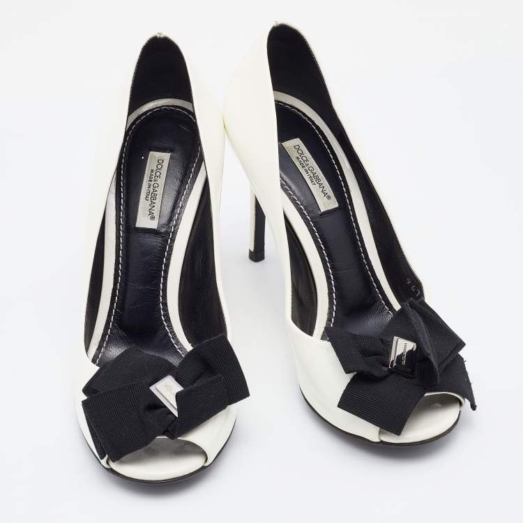 Pre Owned Dolce & Gabbana White Patent Leather Bow Peep Toe Pumps Size 36