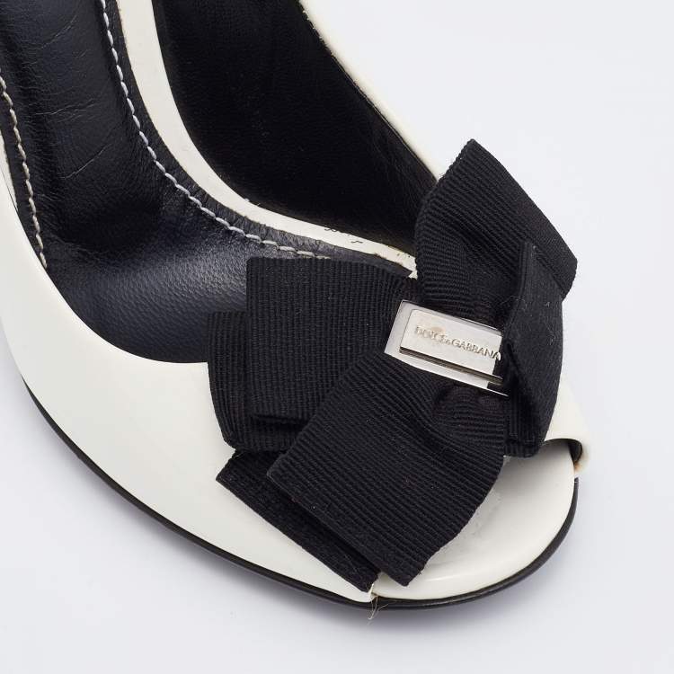 Pre Owned Dolce & Gabbana White Patent Leather Bow Peep Toe Pumps Size 36