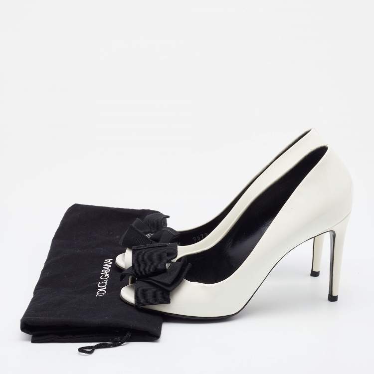 Pre Owned Dolce & Gabbana White Patent Leather Bow Peep Toe Pumps Size 36