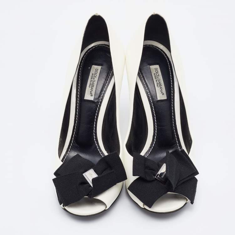Pre Owned Dolce & Gabbana White Patent Leather Bow Peep Toe Pumps Size 36