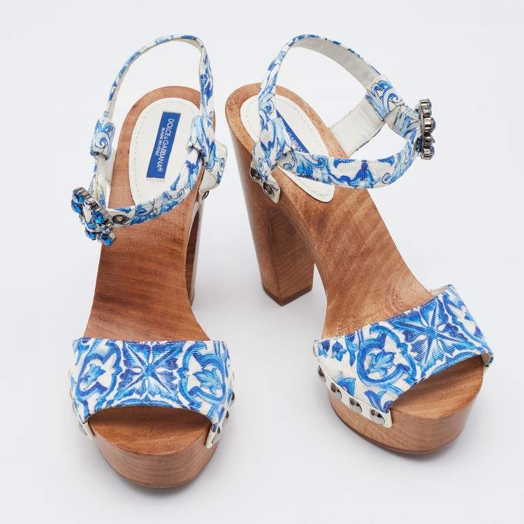 Pre Owned Dolce & Gabbana Blue/White Floral Print Jacquard Platform Ankle Strap Sandals Size 37.5