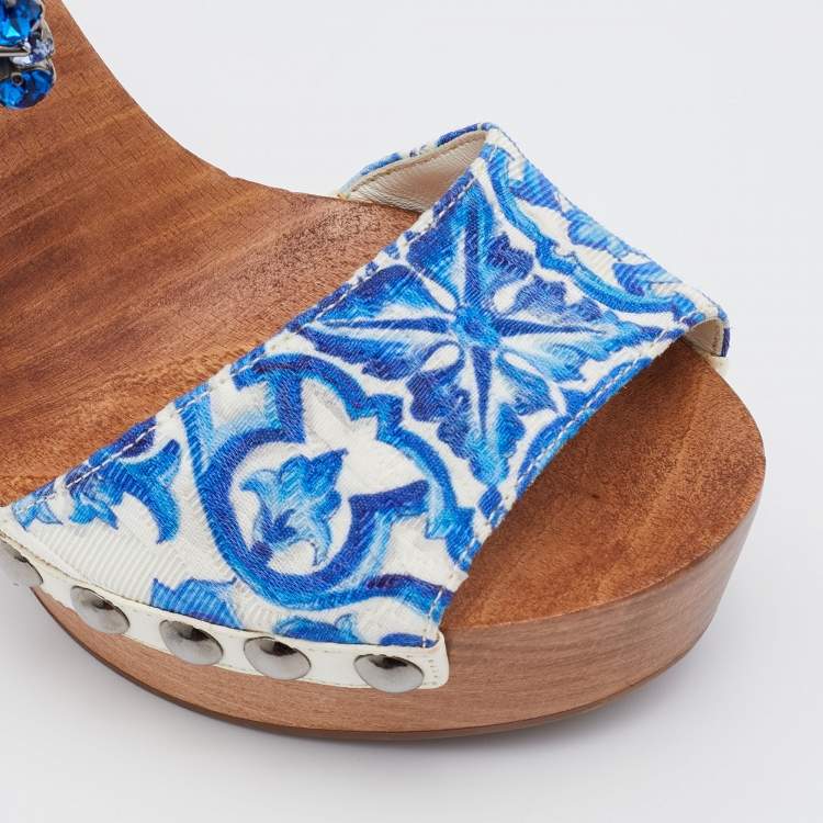 Pre Owned Dolce & Gabbana Blue/White Floral Print Jacquard Platform Ankle Strap Sandals Size 37.5