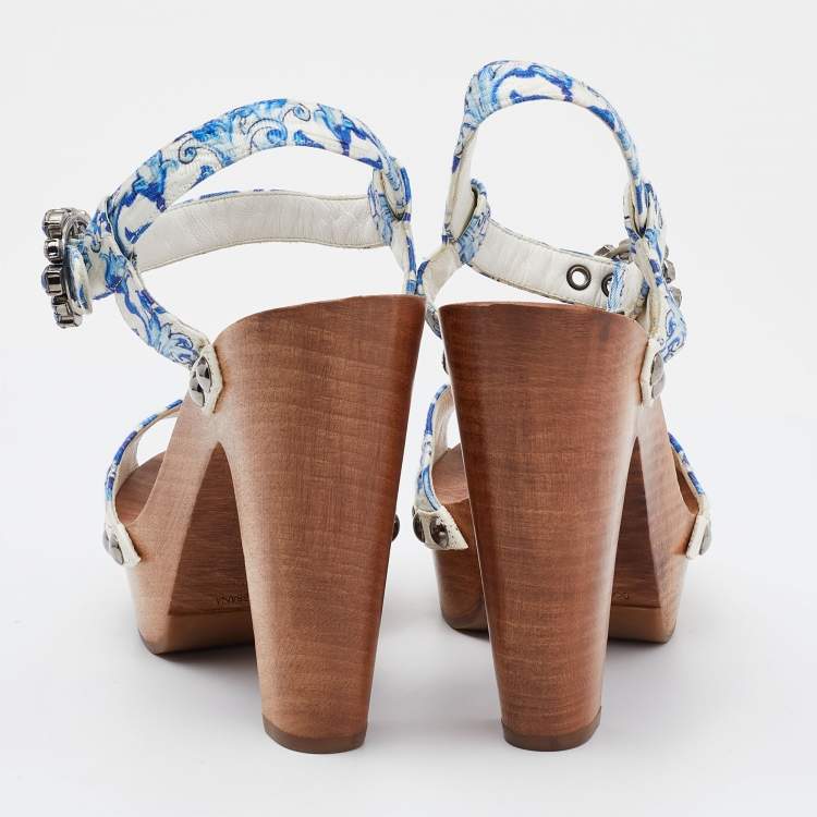 Pre Owned Dolce & Gabbana Blue/White Floral Print Jacquard Platform Ankle Strap Sandals Size 37.5