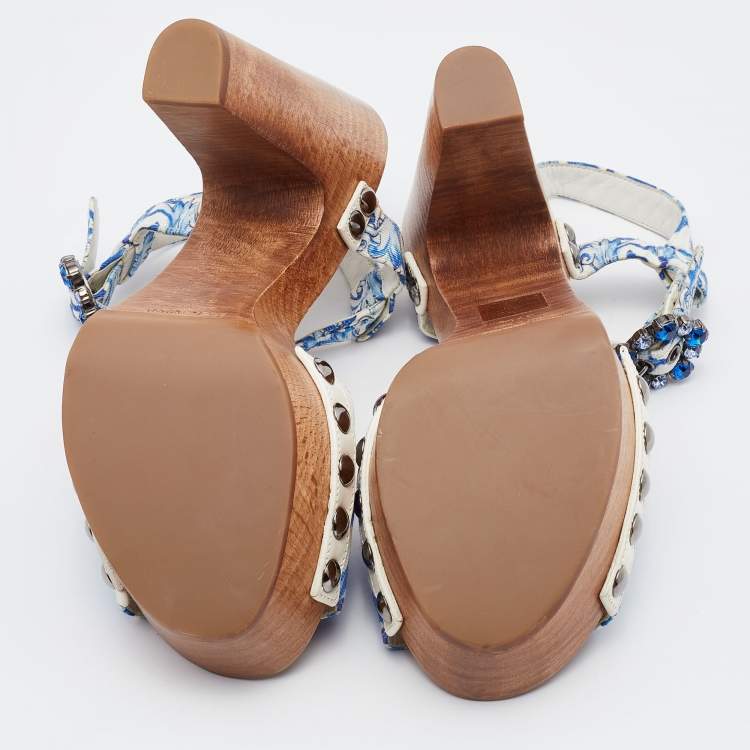 Pre Owned Dolce & Gabbana Blue/White Floral Print Jacquard Platform Ankle Strap Sandals Size 37.5