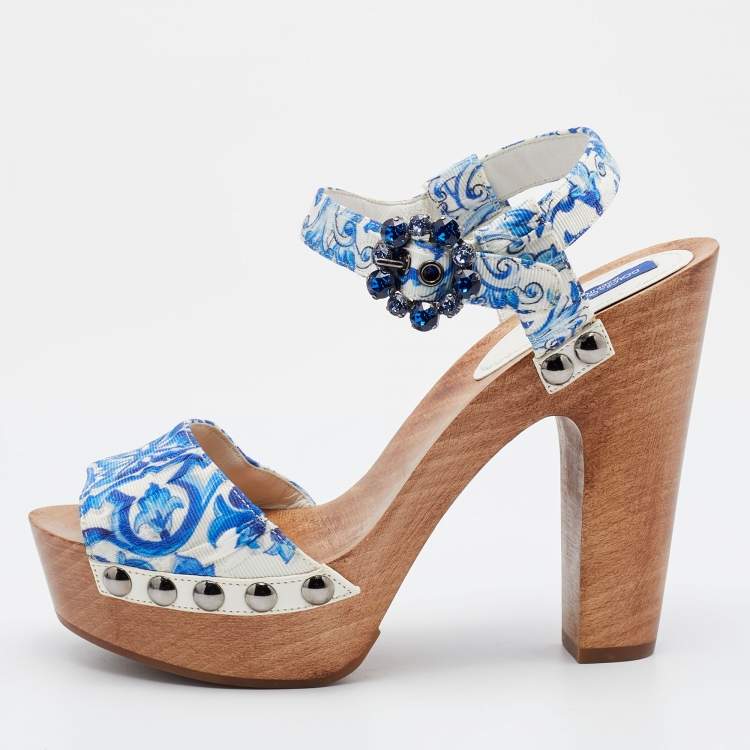 Pre Owned Dolce & Gabbana Blue/White Floral Print Jacquard Platform Ankle Strap Sandals Size 37.5
