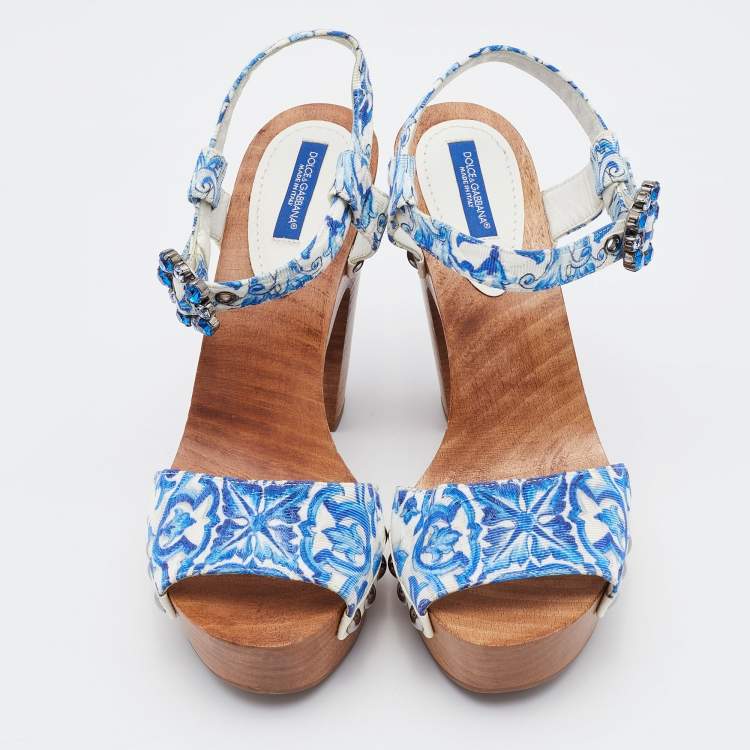 Pre Owned Dolce & Gabbana Blue/White Floral Print Jacquard Platform Ankle Strap Sandals Size 37.5