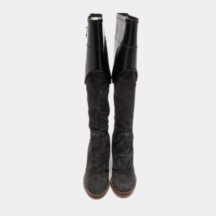 Pre Owned Dolce & Gabbana Black/Grey Rubber and Suede Knee Length Boots Size 40