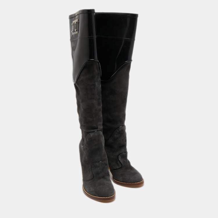 Pre Owned Dolce & Gabbana Black/Grey Rubber and Suede Knee Length Boots Size 40