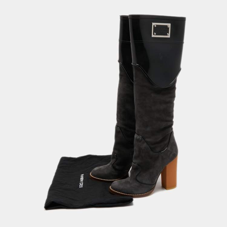 Pre Owned Dolce & Gabbana Black/Grey Rubber and Suede Knee Length Boots Size 40