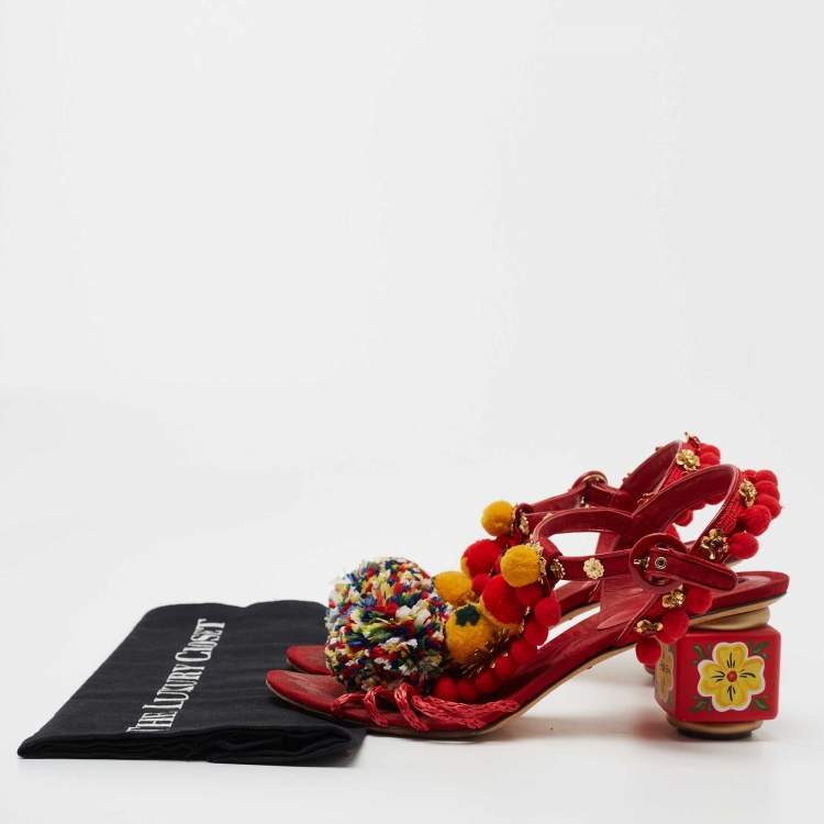 Pre Owned Dolce & Gabbana Multicolor Leather and Fabric Pom Pom Embellished T-Strap Sandals Size 39