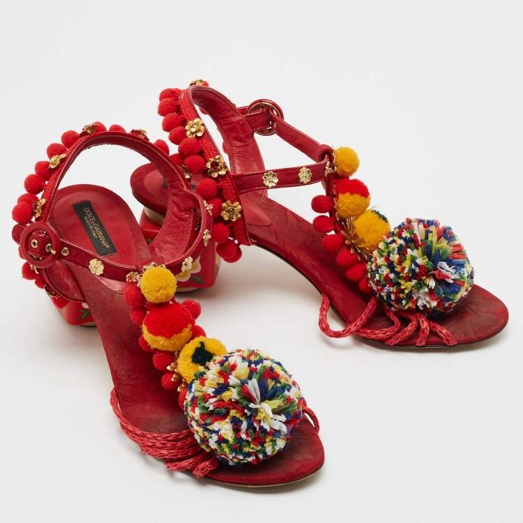 Pre Owned Dolce & Gabbana Multicolor Leather and Fabric Pom Pom Embellished T-Strap Sandals Size 39