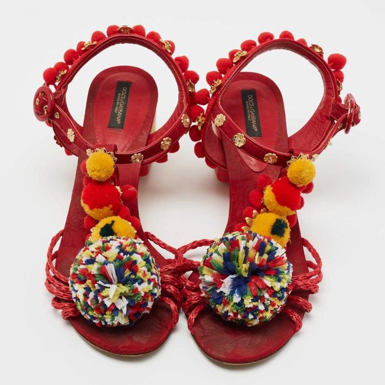 Pre Owned Dolce & Gabbana Multicolor Leather and Fabric Pom Pom Embellished T-Strap Sandals Size 39