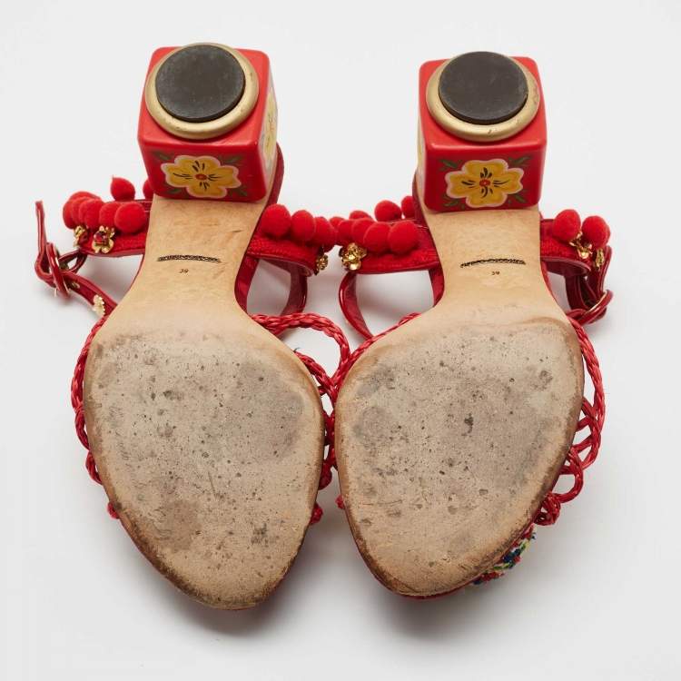 Pre Owned Dolce & Gabbana Multicolor Leather and Fabric Pom Pom Embellished T-Strap Sandals Size 39