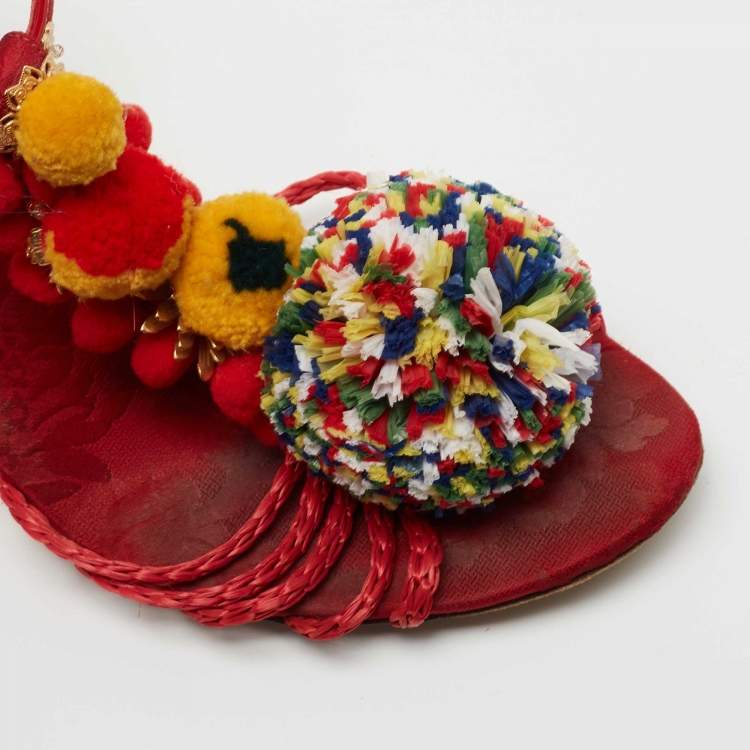 Pre Owned Dolce & Gabbana Multicolor Leather and Fabric Pom Pom Embellished T-Strap Sandals Size 39