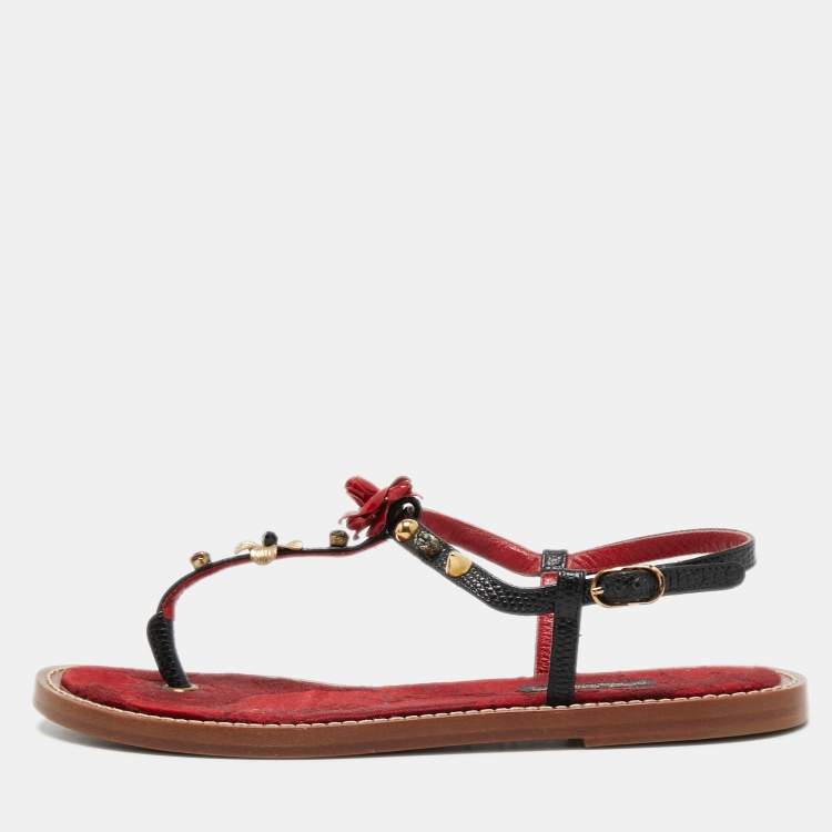 Pre Owned Dolce & Gabbana Red/Black Lizard Embossed Leather Thong Sandals Size 36