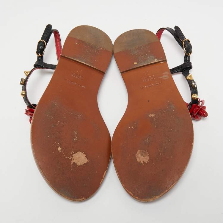 Pre Owned Dolce & Gabbana Red/Black Lizard Embossed Leather Thong Sandals Size 36