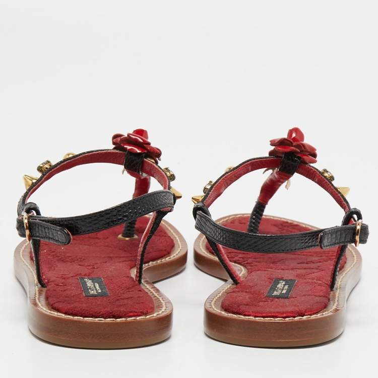 Pre Owned Dolce & Gabbana Red/Black Lizard Embossed Leather Thong Sandals Size 36
