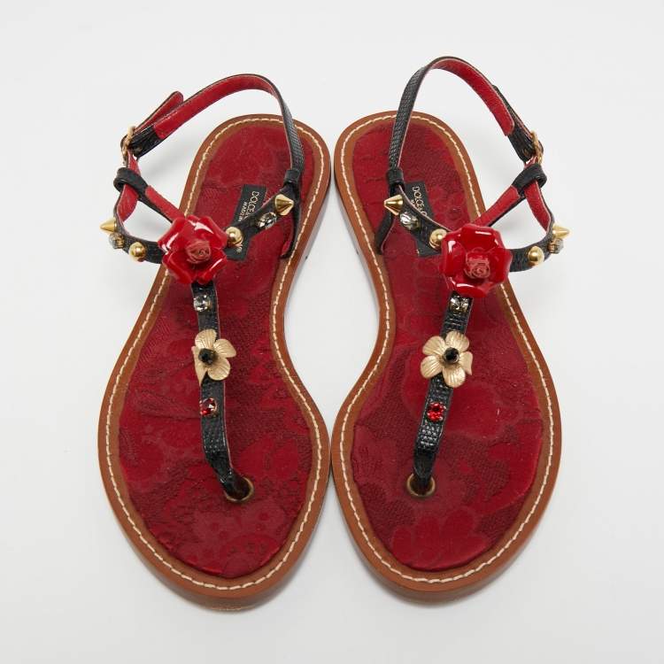 Pre Owned Dolce & Gabbana Red/Black Lizard Embossed Leather Thong Sandals Size 36