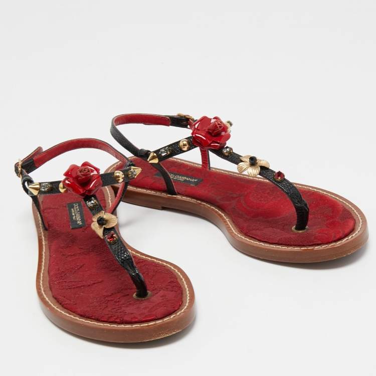 Pre Owned Dolce & Gabbana Red/Black Lizard Embossed Leather Thong Sandals Size 36