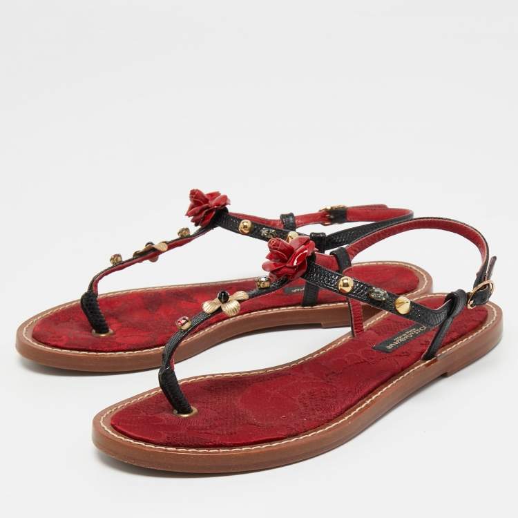 Pre Owned Dolce & Gabbana Red/Black Lizard Embossed Leather Thong Sandals Size 36