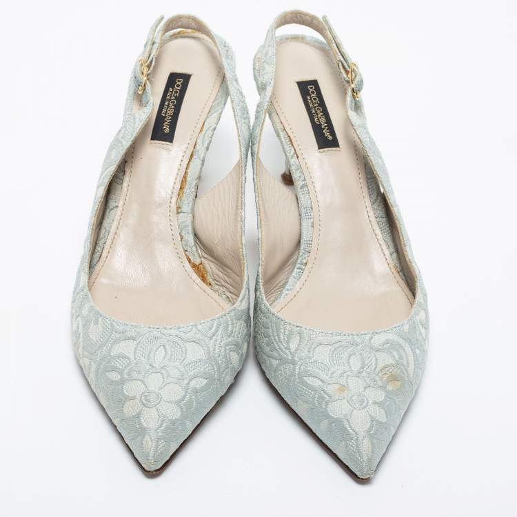 Pre Owned Dolce & Gabbana Light Blue Brocade Fabric Slingback Pumps Size 38