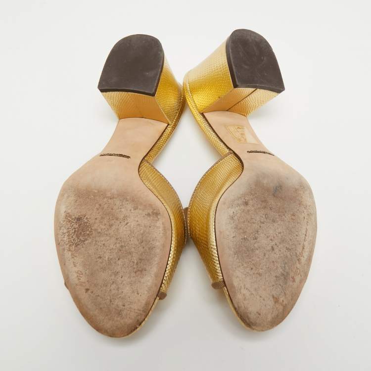Pre Owned Dolce & Gabbana Gold Lizard Embossed Leather Slide Sandals Size 38
