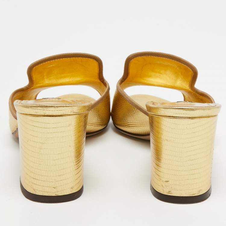 Pre Owned Dolce & Gabbana Gold Lizard Embossed Leather Slide Sandals Size 38