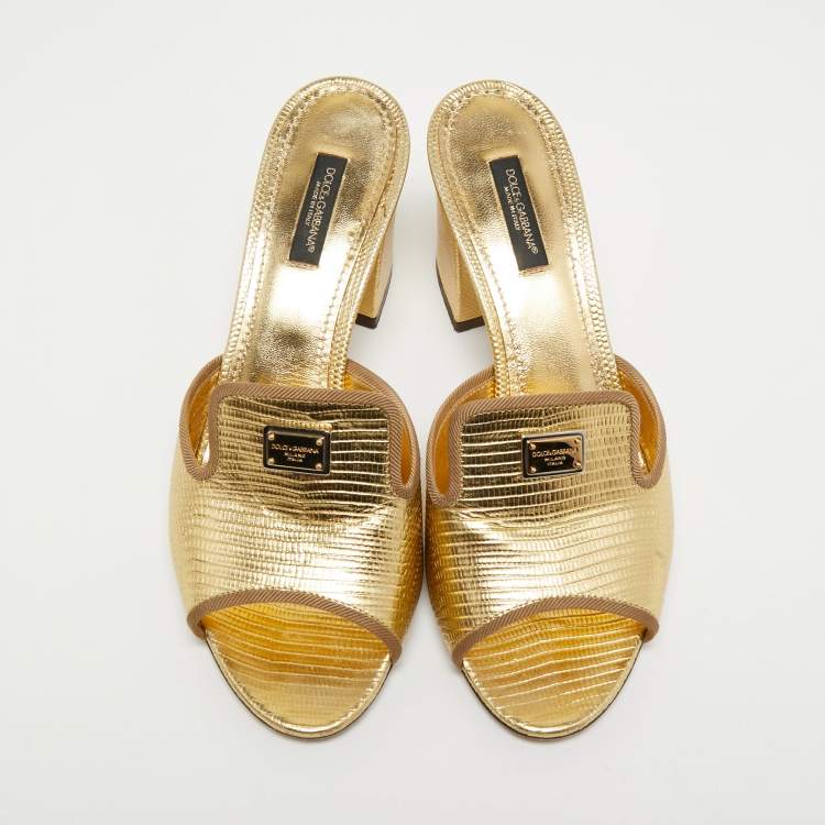 Pre Owned Dolce & Gabbana Gold Lizard Embossed Leather Slide Sandals Size 38
