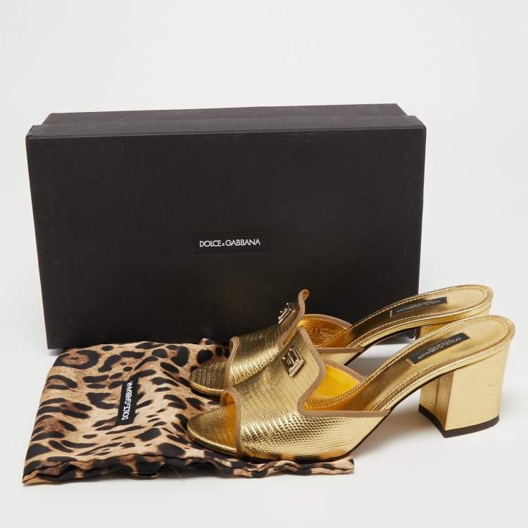 Pre Owned Dolce & Gabbana Gold Lizard Embossed Leather Slide Sandals Size 38