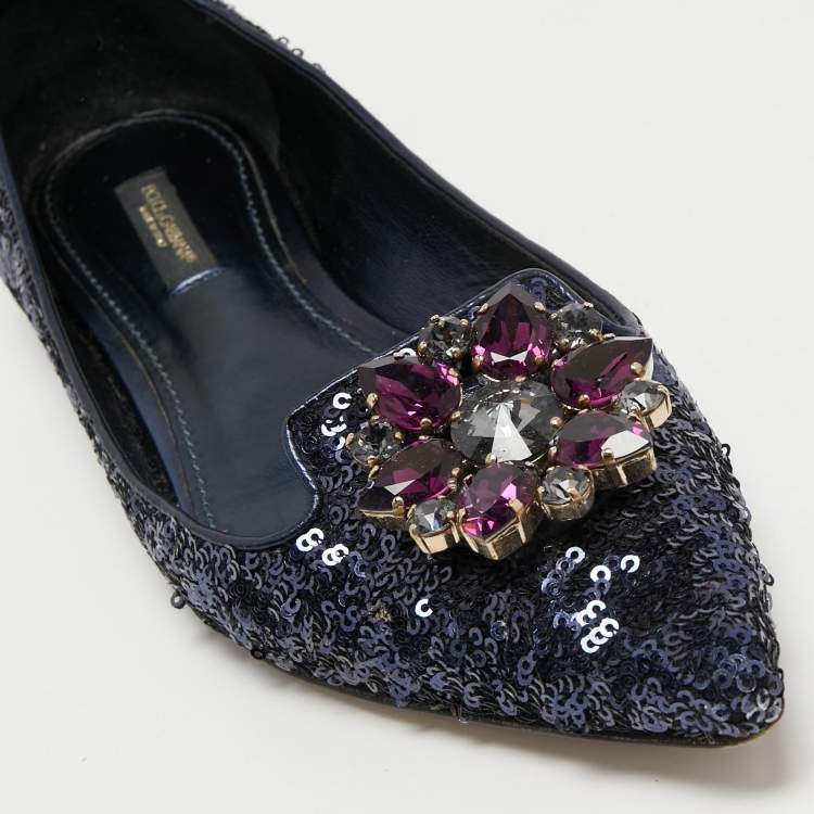 Pre Owned Dolce & Gabbana Navy Blue Sequin Embellished Ballet Flats Size 38