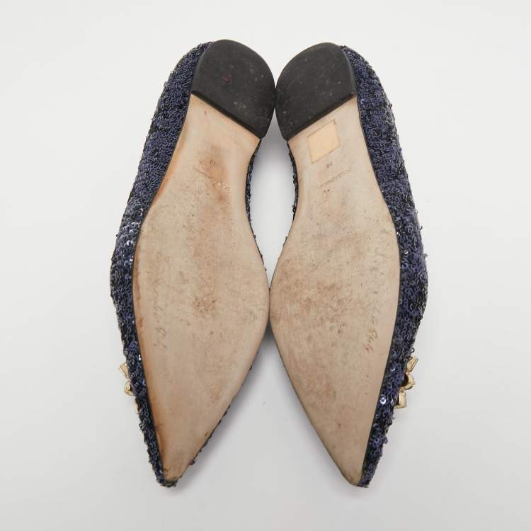 Pre Owned Dolce & Gabbana Navy Blue Sequin Embellished Ballet Flats Size 38