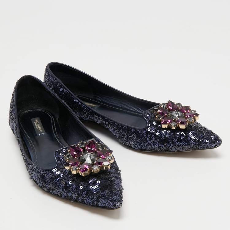 Pre Owned Dolce & Gabbana Navy Blue Sequin Embellished Ballet Flats Size 38