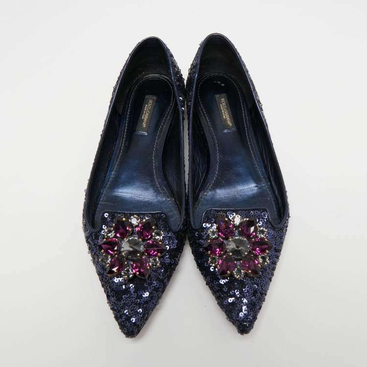 Pre Owned Dolce & Gabbana Navy Blue Sequin Embellished Ballet Flats Size 38