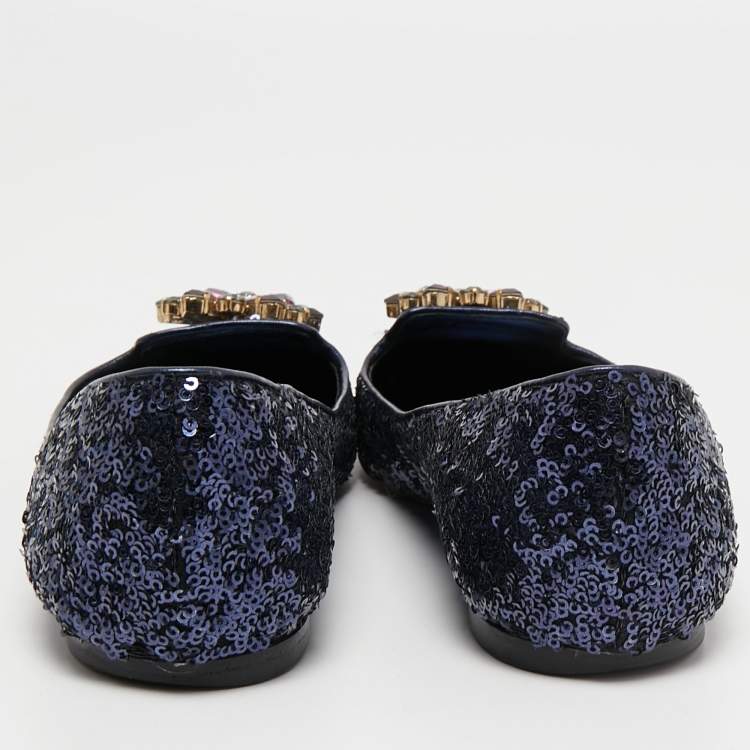 Pre Owned Dolce & Gabbana Navy Blue Sequin Embellished Ballet Flats Size 38