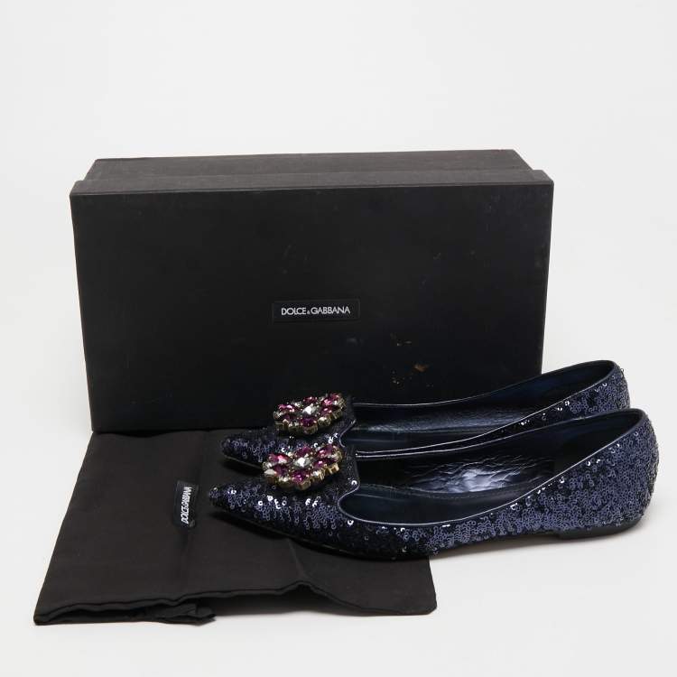 Pre Owned Dolce & Gabbana Navy Blue Sequin Embellished Ballet Flats Size 38
