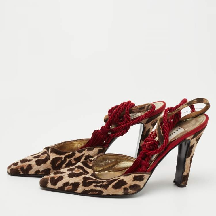 Pre Owned Dolce & Gabbana Brown/Beige Leopard Print Velvet Ankle Wrap Pumps Size 39
