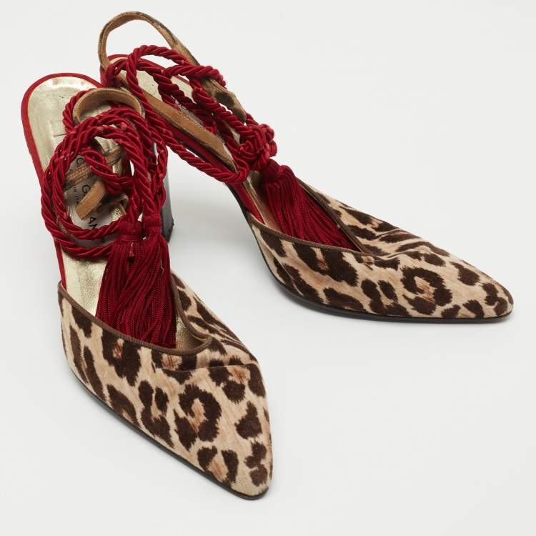 Pre Owned Dolce & Gabbana Brown/Beige Leopard Print Velvet Ankle Wrap Pumps Size 39