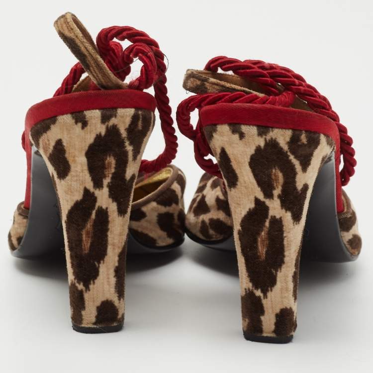 Pre Owned Dolce & Gabbana Brown/Beige Leopard Print Velvet Ankle Wrap Pumps Size 39