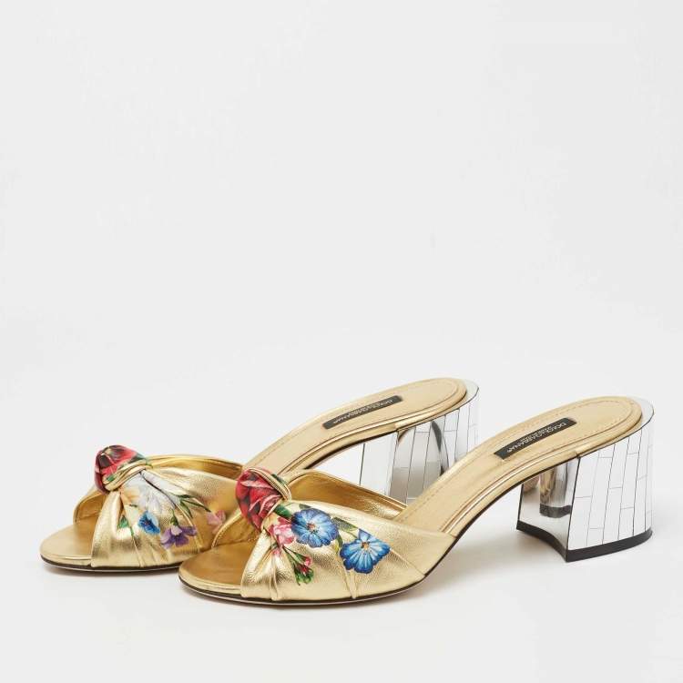 Pre Owned Dolce & Gabbana Gold Leather Knot Detail Mirrored Heel Slide Sandals Size 38