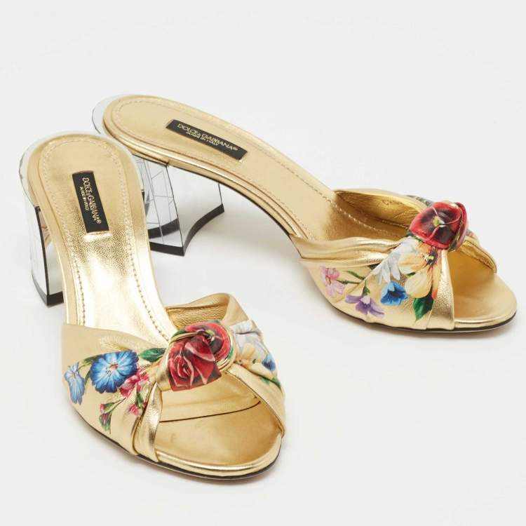 Pre Owned Dolce & Gabbana Gold Leather Knot Detail Mirrored Heel Slide Sandals Size 38