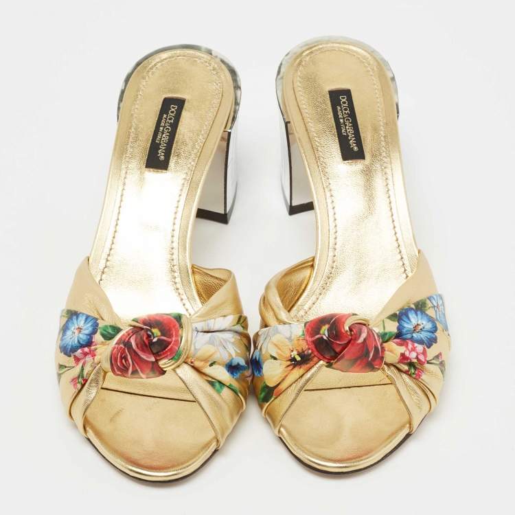 Pre Owned Dolce & Gabbana Gold Leather Knot Detail Mirrored Heel Slide Sandals Size 38