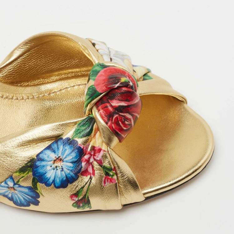 Pre Owned Dolce & Gabbana Gold Leather Knot Detail Mirrored Heel Slide Sandals Size 38
